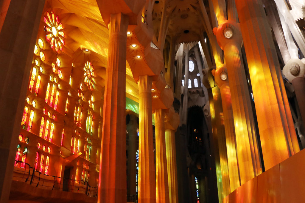 Inside of Sagrada Familia and its magic lights